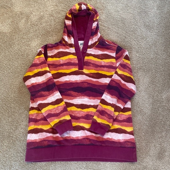 Lands End Rainbow Terry Toweling Hoodie Purple Yellow Pink Stripe Sz LARGE - Picture 1 of 7